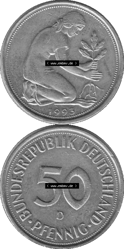 BRD Münzen Deutschland D 50 Pf. Umlaufmünze in Graustufen PNG 1950-2001, 50 Pfennig 1993 Münzzeichen "D" für München - "D" Sammlung