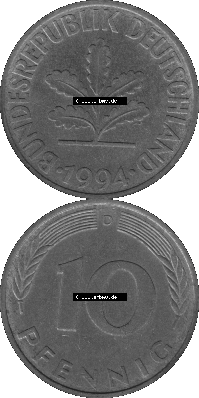 BRD Münzen 10 Pf. Umlaufmünze in PNG 1950-2001, 10 Pfennig 1994 D-01 Graustufen. Graustufen-Bild erstellt aus Farbigen Bild... Sammlung
