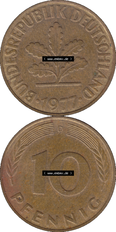 BRD Münzen 10 Pf. Umlaufmünze in PNG 1950-2001, 10 Pfennig 1977 D-01. Vorderseite und Rückseite auf einen Bild / Foto vertikal... Sammlung