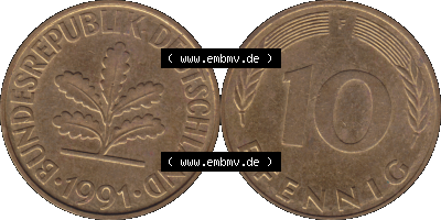 BRD Münzen 10 Pf. Umlaufmünze in PNG 1950-2001, 10 Pfennig 1991 F-01. Vorderseite und Rückseite mit Wert-Zahl auf einen Bild... Sammlung