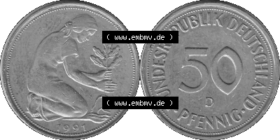 BRD Münzen Deutschland D 50 Pf. Umlaufmünze in Graustufen PNG 1950-2001, 50 Pfennig 1991 Münzzeichen "D" für München - "D" Sammlung