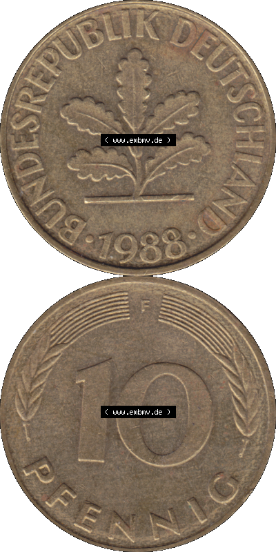 BRD Münzen 10 Pf. Umlaufmünze in PNG 1950-2001, 10 Pfennig 1988 F-01. Vorderseite und Rückseite auf einen Bild / Foto vertikal... Sammlung