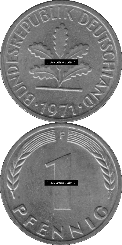 1 Pfennig Umlaufmünze in Graustufen PNG 1950-2001, 1 Pfennig 1971, 1970er Jahre Mzz. F Sammlung