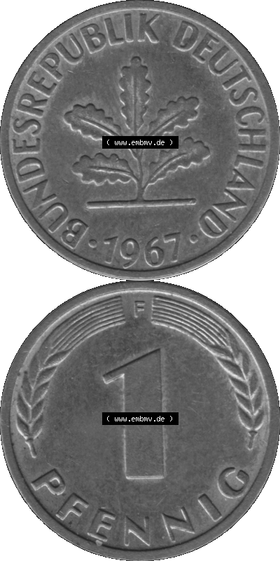 1 Pfennig Umlaufmünze in Graustufen PNG 1950-2001, 1 Pfennig 1967, 1960er Jahre Mzz. F Sammlung