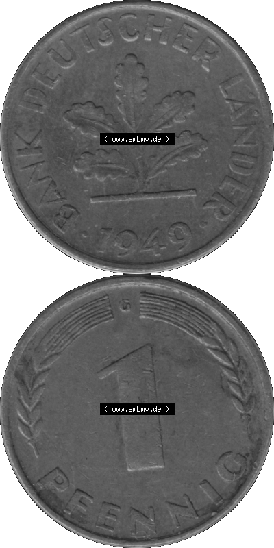 1 Pfennig BRD-Deutschland Umlaufmünze in Graustufen PNG 1948-1949, 1 Pfennig 1949, 1950er Jahre Münzstätte Karlsruhe G-01 Sammlung