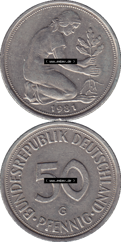 PNG 1950-2001, 50 Pfennig BRD Deutschland 1981 Münzstätte Karlsruhe "G" Sammlung