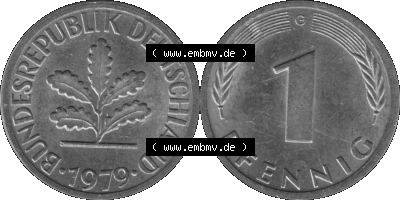 1 Pfennig BRD-Deutschland Umlaufmünze in Graustufen PNG 1950-2001, 1 Pfennig 1979, 1970er Jahre Münzstätte Karlsruhe G-01 Sammlung