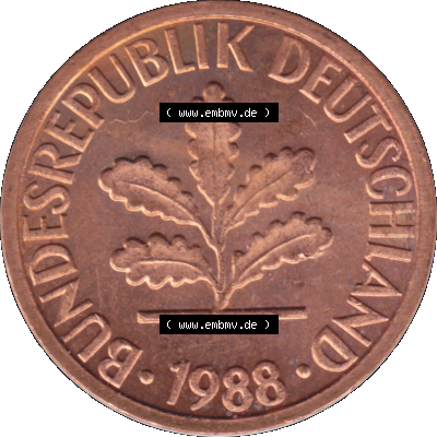 1 Pfennig Umlaufmünze in PNG 1950-2001, 1 Pfennig 1988, 1980er Jahre Stuttgart F Sammlung