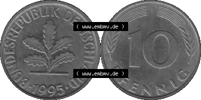 BRD Münzen 10 Pf. Umlaufmünze in PNG 1950-2001, 10 Pfennig 1995 F-01 Graustufen. Graustufen-Bild aus Farbigen Bilder mit Vorderseite... Sammlung