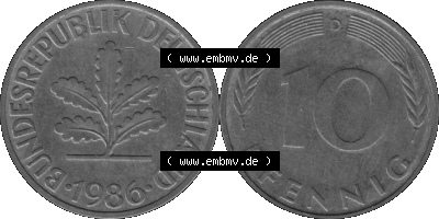 BRD Münzen 10 Pf. Umlaufmünze in PNG 1950-2001, 10 Pfennig 1986 D-07 Graustufen. Graustufen-Bilder der Vorderseite und Rückseite... Sammlung