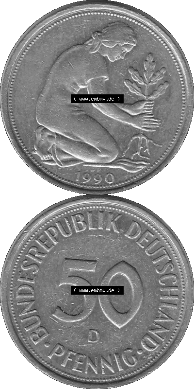 BRD Münzen Deutschland D 50 Pf. Umlaufmünze in Graustufen PNG 1950-2001, 50 Pfennig 1990 Münzzeichen "D" für München - "D" Sammlung