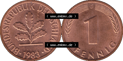 PNG 1950-2001, 1 Pfennig der BRD Deutschland 1983, 1980er Jahre Mzz. München D, 1 - Ein Pfennig Münze "D", mit Mzz. "D" für... Sammlung
