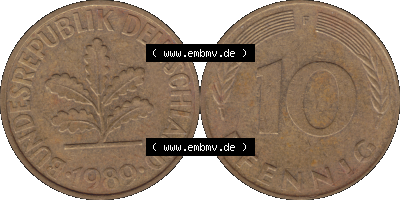 BRD Münzen 10 Pf. Umlaufmünze in PNG 1950-2001, 10 Pfennig 1989 F-03. Vorderseite und Rückseite mit Wert-Zahl auf einen Bild... Sammlung