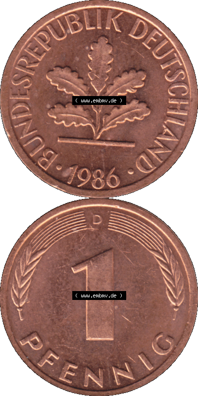 PNG 1950-2001, 1 Pfennig der BRD Deutschland 1986, 1980er Jahre Mzz. München D, 1 - Ein Pfennig Münze "D", mit Mzz. "D" für... Sammlung