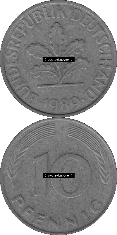 BRD Münzen 10 Pf. Umlaufmünze in PNG 1950-2001, 10 Pfennig 1989 F-03 Graustufen. Graues-Bild aus farbigen Bild erstellt mit... Sammlung