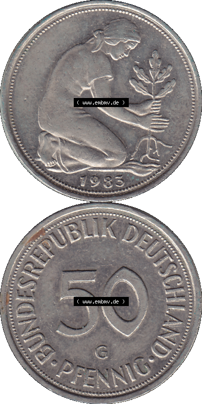 PNG 1950-2001, 50 Pfennig BRD Deutschland 1983 Münzstätte Karlsruhe Mzz. G Sammlung