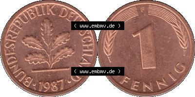 1 Pfennig Umlaufmünze in PNG 1950-2001, 1 Pfennig 1987, 1980er Jahre Stuttgart F Sammlung