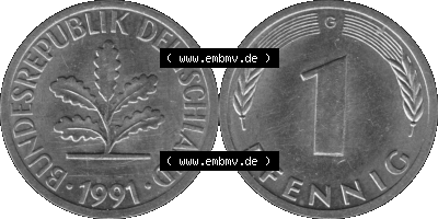 1 Pfennig BRD-Deutschland Umlaufmünze in Graustufen PNG 1950-2001, 1 Pfennig 1991, 1990er Jahre Münzstätte Karlsruhe G-01 Sammlung