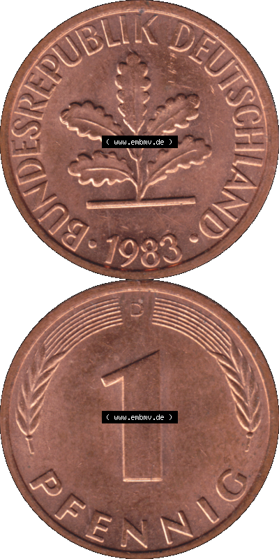 PNG 1950-2001, 1 Pfennig der BRD Deutschland 1983, 1980er Jahre Mzz. München D, 1 - Ein Pfennig Münze "D", mit Mzz. "D" für... Sammlung
