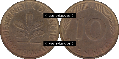 BRD Münzen 10 Pf. Umlaufmünze in PNG 1950-2001, 10 Pfennig 1994 D-01. Vorderseite und Rückseite mit Wert-Zahl auf einen Bild... Sammlung