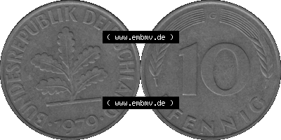 BRD Münzen 10 Pf. Umlaufmünze in PNG 1950-2001, 10 Pfennig 1979 G-01 Graustufen. Graustufen-Bild vom Scanner aus farbigen Bild... Sammlung