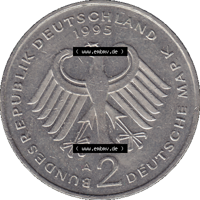 2 DM, Deutsche Mark Franz Josef Strauß 1995 mit Münzzeichen Berlin, A Sammlung