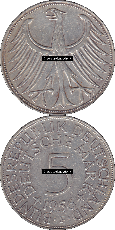 BRD Münzen 5 Deutsche Mark, 5 DM Silbermünze in 625/1000 Silber 1951-1974, 5 DM, 5 Deutsche Mark Silberadler, Heiermann 1956... Sammlung