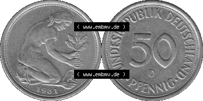 BRD Münzen Deutschland D 50 Pf. Umlaufmünze in Graustufen PNG 1950-2001, 50 Pfennig 1981 Münzzeichen "D" für München - "D" Sammlung