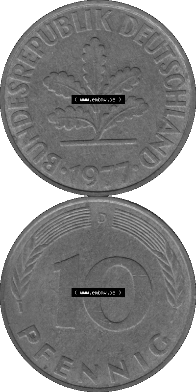 BRD Münzen 10 Pf. Umlaufmünze in PNG 1950-2001, 10 Pfennig 1977 D-01 Graustufen. Graustufen-Bild erstellt aus Farbigen Bild... Sammlung