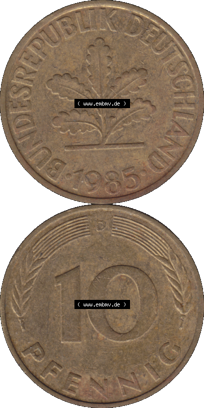 BRD Münzen 10 Pf. Umlaufmünze in PNG 1950-2001, 10 Pfennig 1985 D-01. Vorderseite und Rückseite auf einen Bild / Foto vertikal... Sammlung