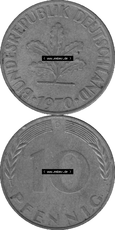BRD Münzen 10 Pf. Umlaufmünze in PNG 1950-2001, 10 Pfennig 1970 D-01 Graustufen. Graustufen-Bild erstellt aus Farbigen Bild... Sammlung