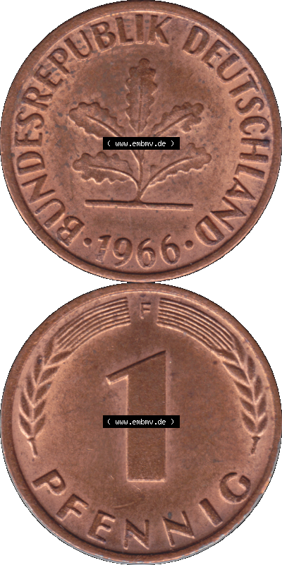 1 Pfennig Umlaufmünze in PNG 1950-2001, 1 Pfennig 1966, 1960er Jahre Stuttgart F, 1 / Ein Pfennig Münze Stuttgart Mzz. F Sammlung