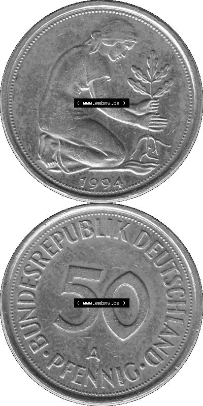 BRD Münzen Deutschland A 50 Pf. Umlaufmünze in Graustufen PNG 1990-2001, 50 Pfennig 1994 Münzzeichen "A" für Berlin - "A" Sammlung