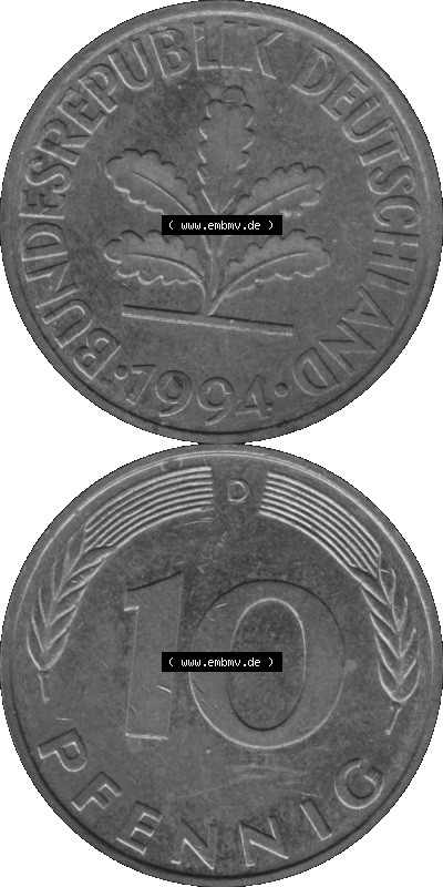 BRD Münzen 10 Pf. Umlaufmünze in PNG 1950-2001, 10 Pfennig 1994 D-03 Graustufen. Graustufen-Bild erstellt aus Farbigen Bild... Sammlung