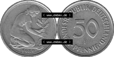 BRD Münzen Deutschland F 50 Pf. Umlaufmünze in Graustufen PNG 1950-2001, 50 Pfennig 1986 Münzzeichen "F" für Stuttgart - "F" Sammlung