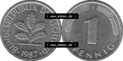 1 Pfennig BRD-Deutschland Umlaufmünze in Graustufen PNG 1950-2001, 1 Pfennig 1987, 1980er Jahre Münzstätte Karlsruhe G-01 Sammlung