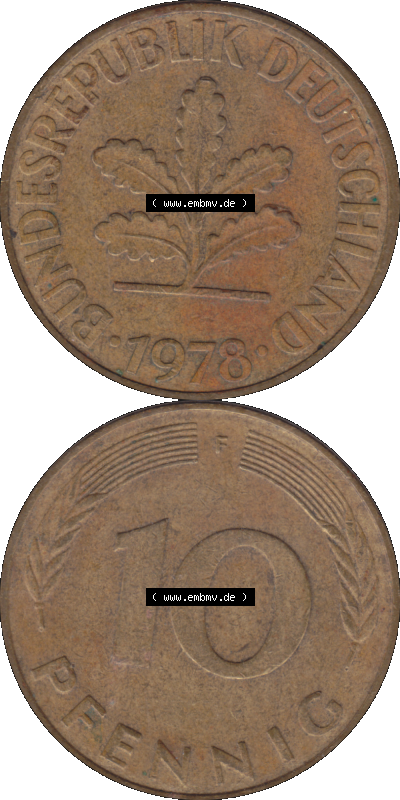 BRD Münzen 10 Pf. Umlaufmünze in PNG 1950-2001, 10 Pfennig 1978 F-01. Vorderseite und Rückseite auf einen Bild / Foto vertikal... Sammlung