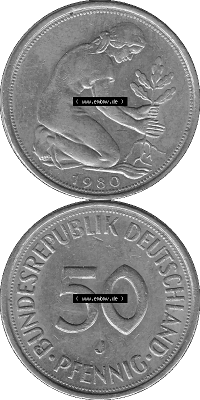 BRD Münzen Deutschland J 50 Pf. Umlaufmünze in Graustufen PNG 1950-2001, 50 Pfennig 1980 Münzzeichen "J" für Hamburg "J" Sammlung