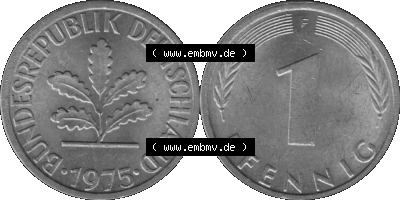 1 Pfennig Umlaufmünze in Graustufen PNG 1950-2001, 1 Pfennig 1975, 1970er Jahre Mzz. F Sammlung