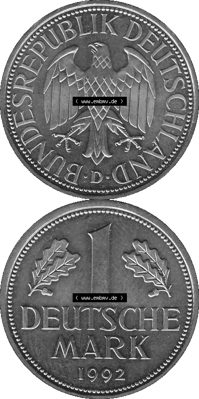 BRD Deutschland Münzen 1 / Eine DM / Eine Deutsche Mark in Graustufen PNG 1950-2001, 1 DM Deutsche Mark, 1992 Münzzeichen für... Sammlung