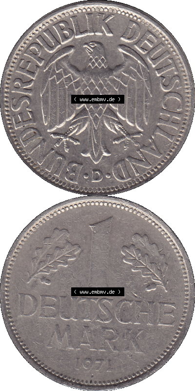 BRD Münzen 1 DM, Umlaufmünze 1950-2001, 1 / Eine DM - Eine Deutsche Mark, 1971 D-1. Münzen-Rückseite und Münzen-Vorderseite... Sammlung