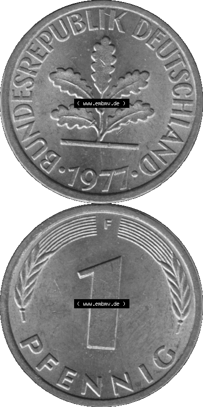 1 Pfennig Umlaufmünze in Graustufen PNG 1950-2001, 1 Pfennig 1977, 1970er Jahre Mzz. F Sammlung