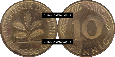 BRD Münzen 10 Pf. Umlaufmünze in PNG 1990-2001, 10 Pfennig 1996 A-02. Vorderseite und Rückseite mit Wert-Zahl auf einen Bild... Sammlung