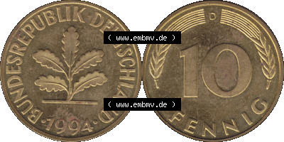 BRD Münzen 10 Pf. Umlaufmünze in PNG 1950-2001, 10 Pfennig 1994 D-02. Vorderseite und Rückseite mit Wert-Zahl auf einen Bild... Sammlung