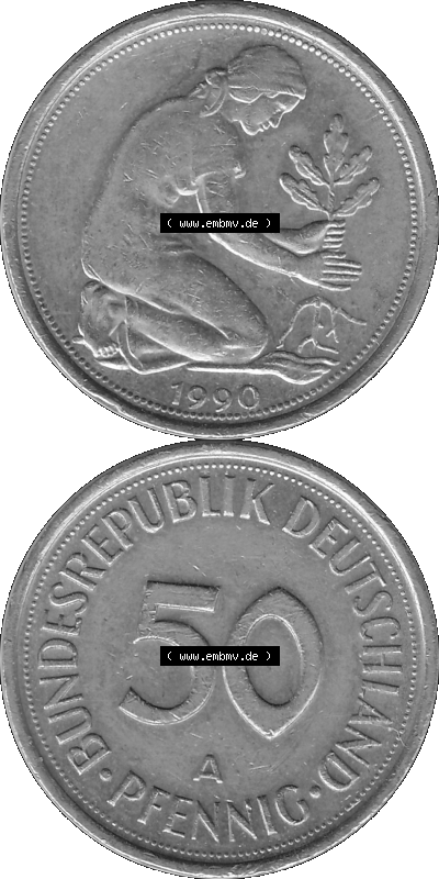 BRD Münzen Deutschland A 50 Pf. Umlaufmünze in Graustufen PNG 1990-2001, 50 Pfennig 1990 Münzzeichen "A" für Berlin - "A" Sammlung