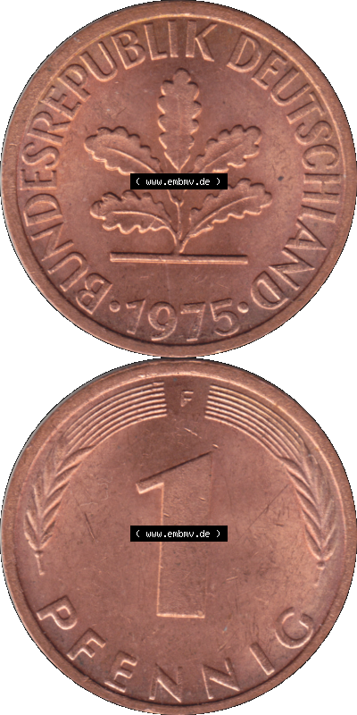 1 Pfennig Umlaufmünze in PNG 1950-2001, 1 Pfennig 1975, 1970er Jahre Stuttgart F, 1 / Ein Pfennig Münze Stuttgart Mzz. F Sammlung