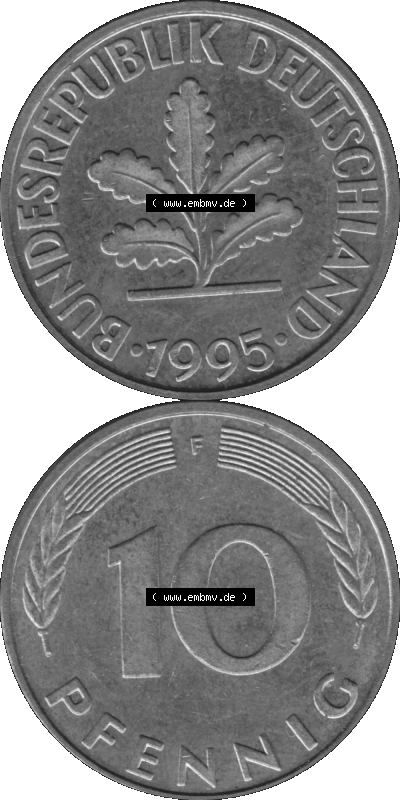BRD Münzen 10 Pf. Umlaufmünze in PNG 1950-2001, 10 Pfennig 1995 F-02 Graustufen. Graues-Bild aus farbigen Bild erstellt mit... Sammlung