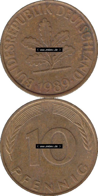 PNG 1950-2001, 10 Pfennig der Bundesrepublik Deutschland 1989 Münzstätte Hamburg Mzz. J Sammlung