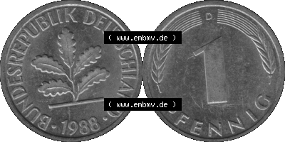 1 Pfennig Umlaufmünze in Graustufen PNG 1950-2001, 1 Pfennig 1988 München D Sammlung