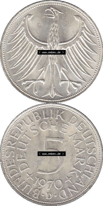 BRD Münzen 5 Deutsche Mark, 5 DM Silbermünze in 625/1000 Silber 1951-1974, 5 DM, 5 Deutsche Mark Silberadler, Heiermann 1970... Sammlung